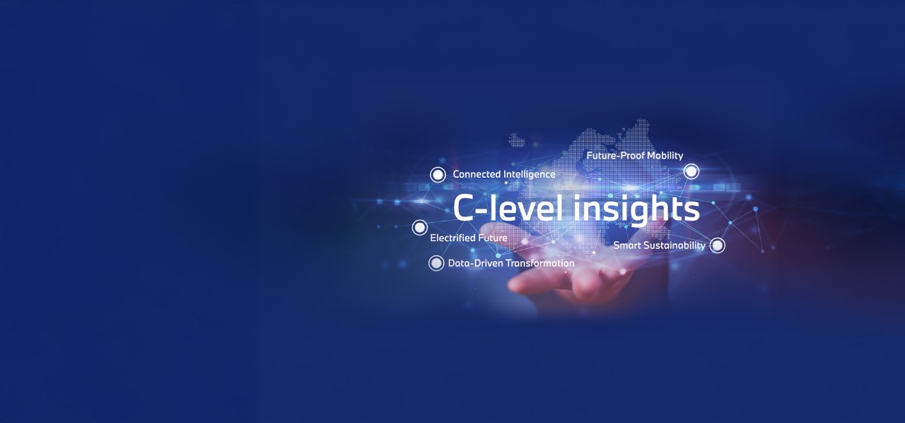 Visualization of executive insights from Alphabet, focusing on key topics such as connected intelligence, electrified future, data-driven transformation, future-proof mobility, and smart sustainability, represented by a digital network above an open hand.