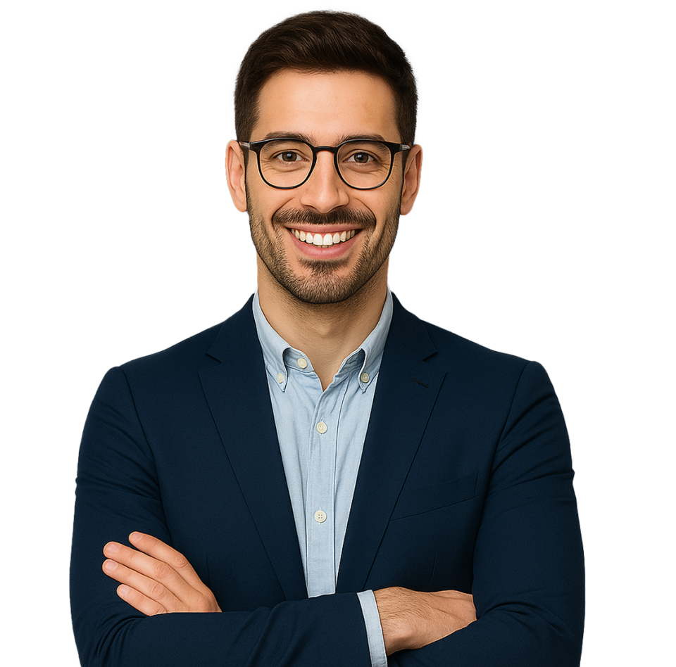 A man in a navy blue suit and light blue shirt stands with arms crossed, conveying professionalism and confidence.